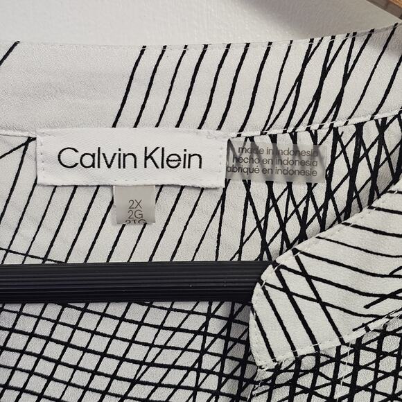 Calvin Klein Sheer Black & White V-Neck Roll Tab Sleeves Button Blouse Size 2X - Picture 4 of 7
